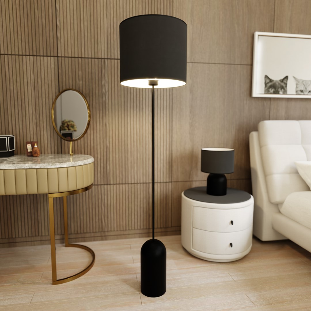 Emibig Podna lampa ASPEN 230V 15W MAX LED E27 Čelik/ Tkanina Crna