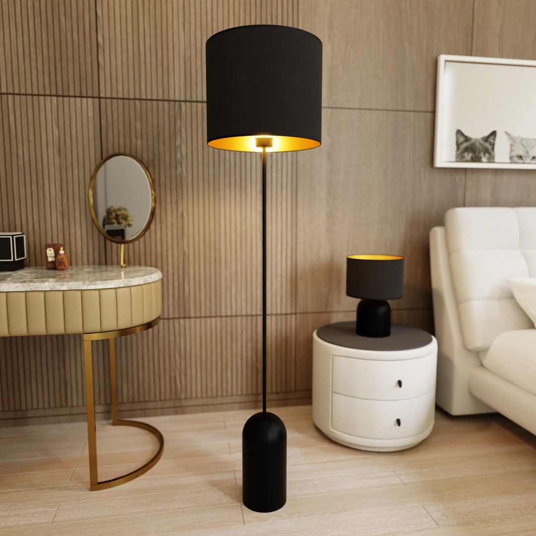 Emibig Podna lampa ASPEN 230V 15W MAX LED E27 Čelik/ Tkanina Crna
