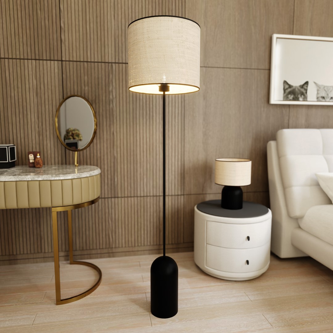 Emibig Podna lampa ASPEN 230V 15W MAX LED E27 Čelik/ Tkanina Crna